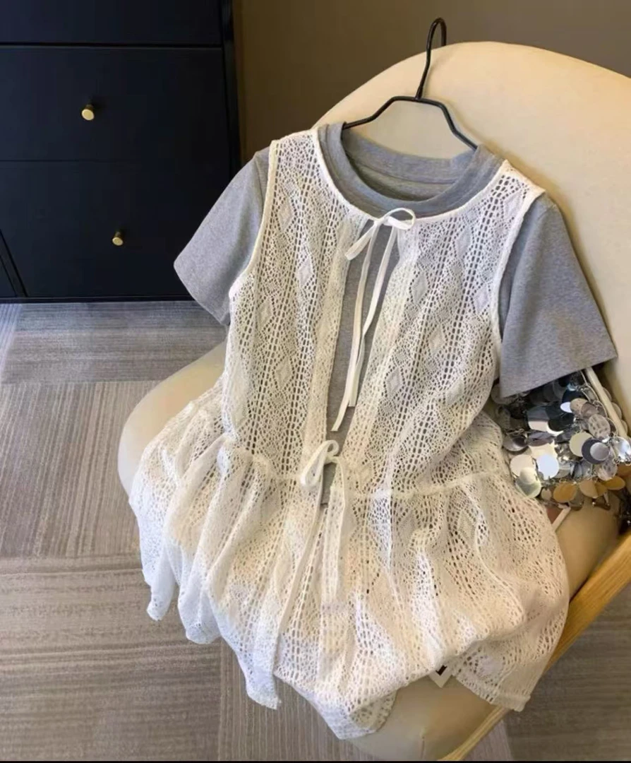 8676夏季新款针织半袖两件套洋气大码女装