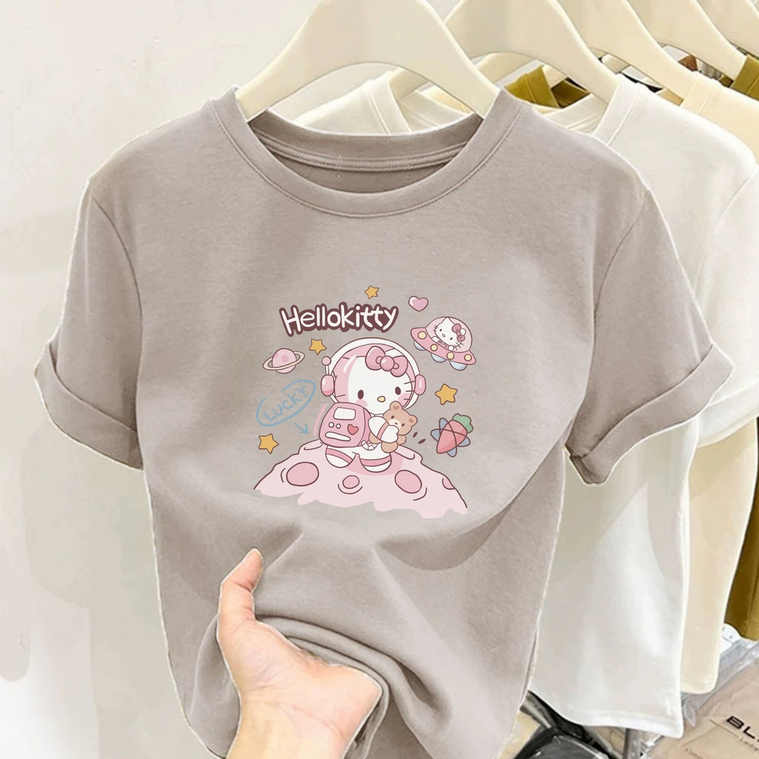 2025新款星球哈喽kt猫圆领短袖t恤女百搭修身显瘦半袖设计感上衣