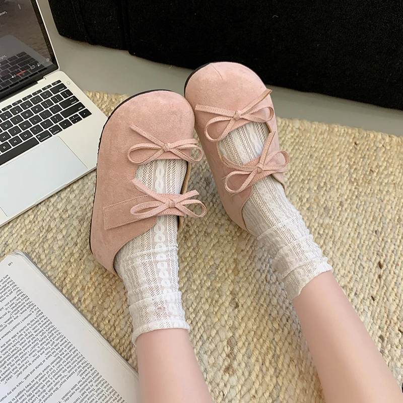 蝴蝶结包头半拖女2025年春新款复古绒面厚底增高配裙子外穿拖鞋女