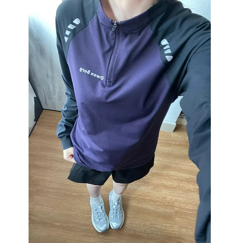 半拉链网球服速干衣男女户外登山撞色轻薄防晒长袖t恤运动骑行服