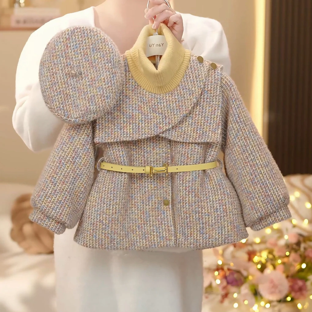 女童2025冬季新款洋气加毛加厚拼接毛线披肩收腰外套YY1821