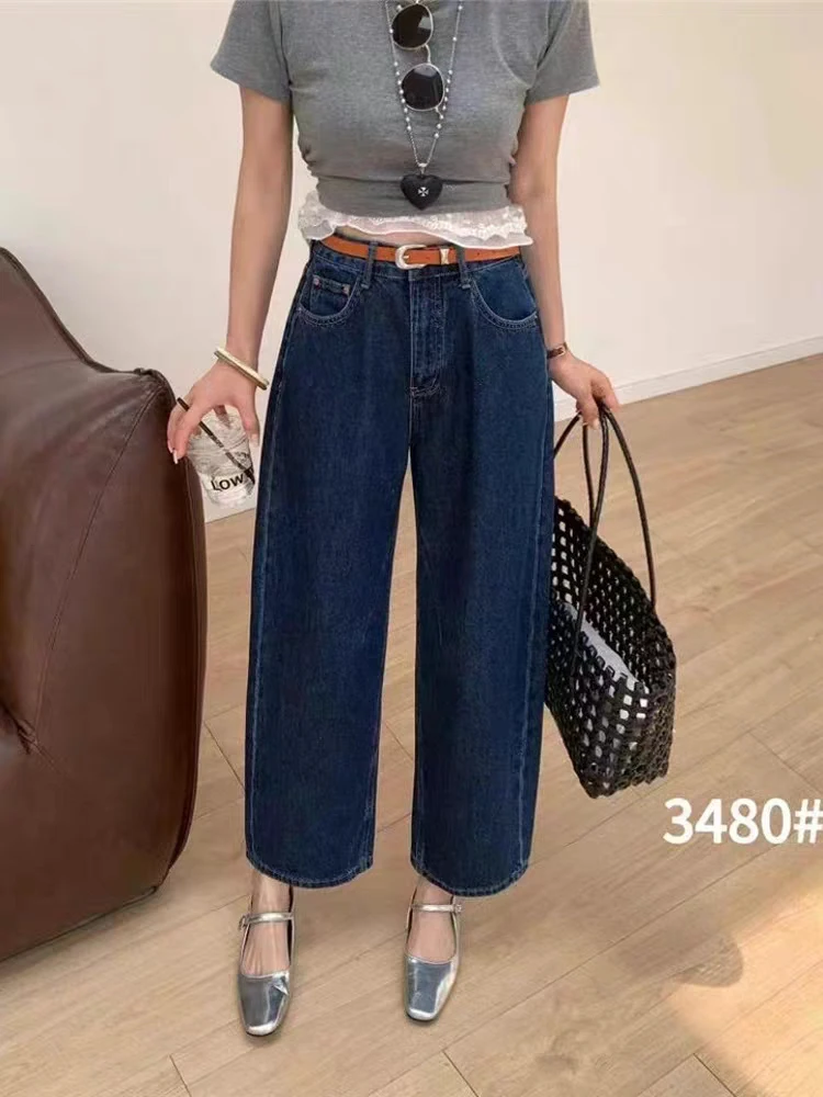 阿玉家&立体剪裁原牛色咖腰带直筒牛仔裤简约圆口袋九分裤#6953