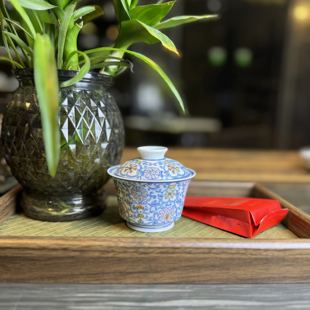 明逸堂手绘斗彩重工描金缠枝马蹄盖碗陶瓷茶杯茶盖碗茶具【120ml】