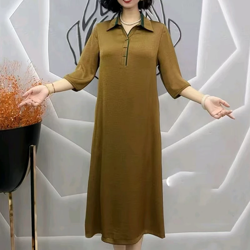 新款时尚七分袖中老年过膝中长裙纯色丝滑夏季宽松妈妈装连衣裙女