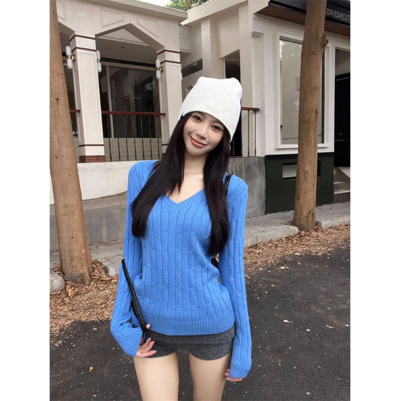 蓝色麻花领长袖针织衫女秋冬基础款修身内搭毛衣显瘦打底衫上衣