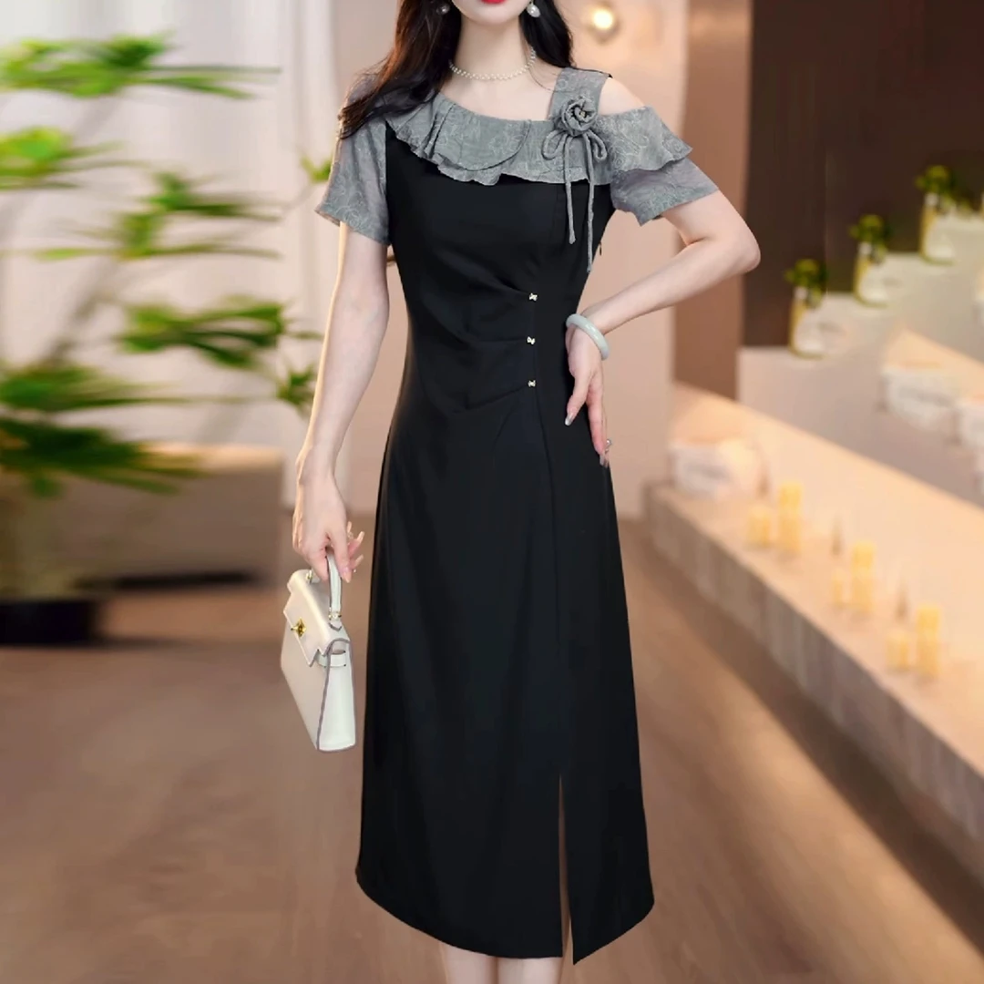 高级琉璃丝时尚洋气百搭拼接中长款礼服裙2025夏季新款显瘦连衣裙