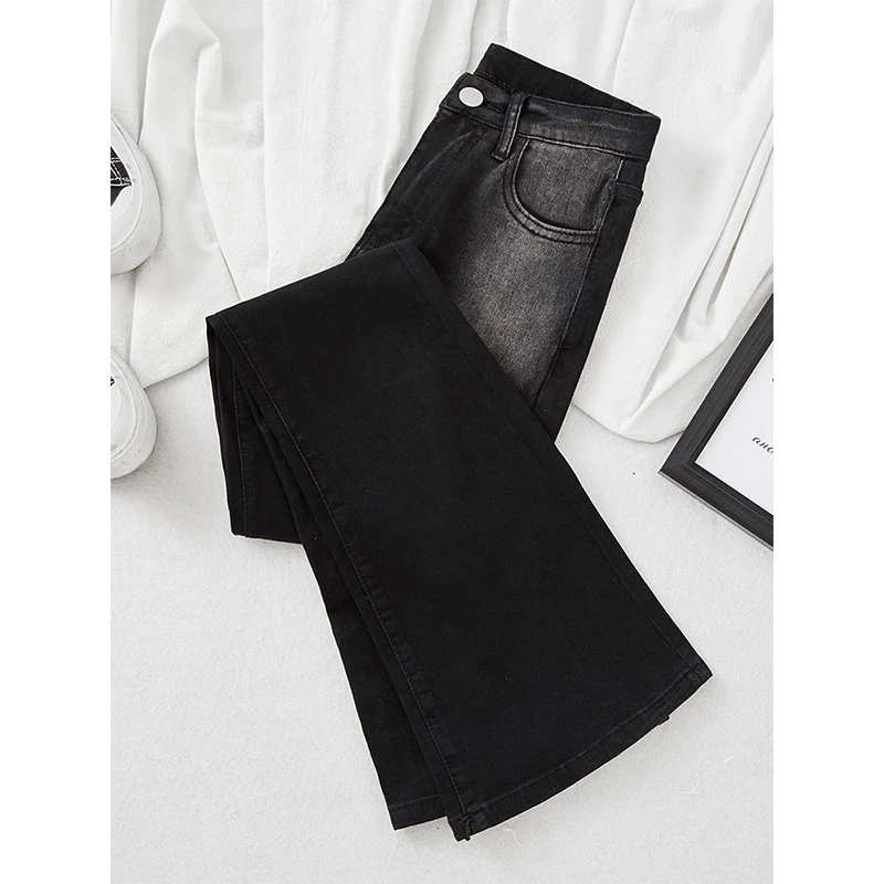 300斤大码胖mm黑色渐变微喇叭牛仔裤女春秋胖mm高腰显瘦马蹄长裤