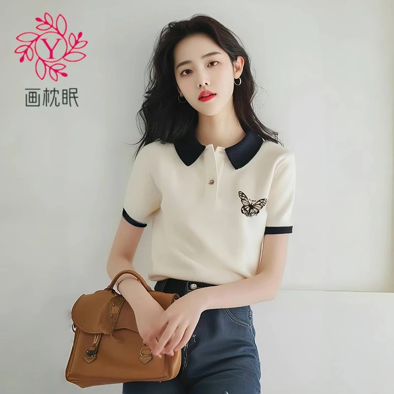 画枕眠白色蝴蝶polo领正肩短袖T恤女新款夏小众不撞款独特上衣