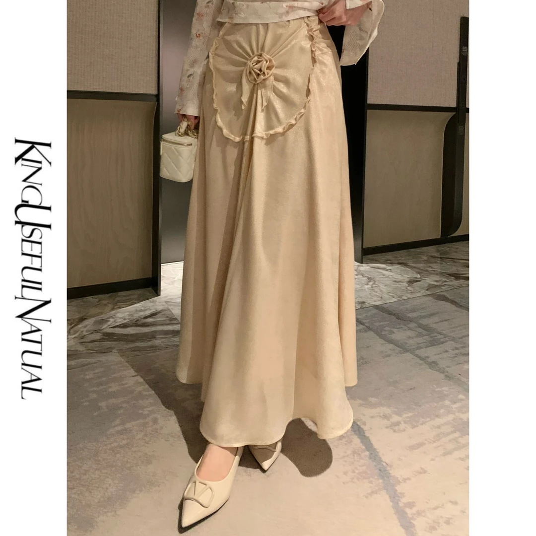 KUN【流金岁月】复古回忆 金属烫银腰间立体花型橘粉色长款半身裙