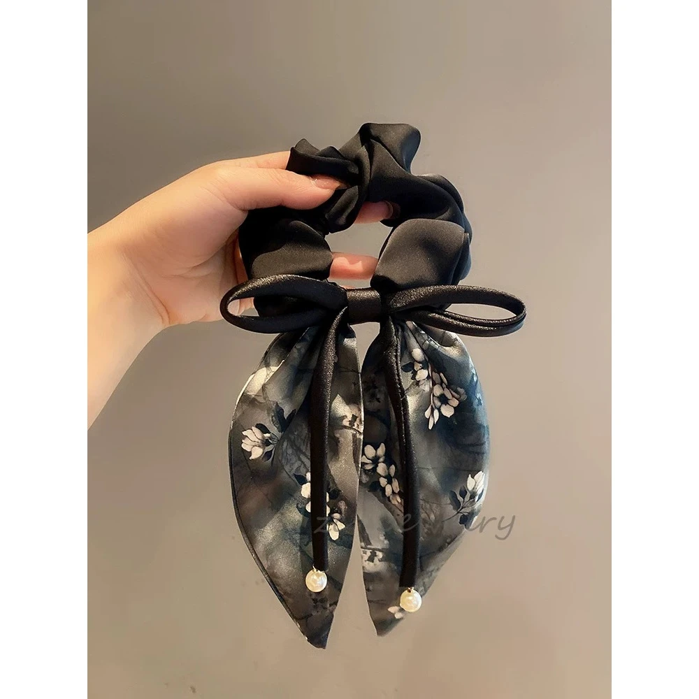 A高级感缎面中式印花蝴蝶结飘带肠圈女气质后脑勺扎头绳发饰1601