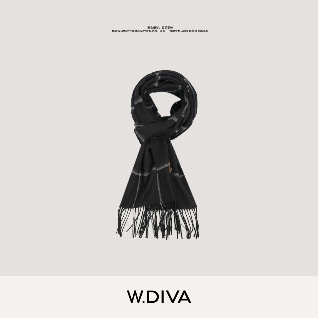 W.Diva【墨序】冬季保暖100山羊绒格纹拉毛流苏百搭围巾54J083331