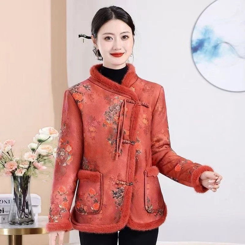 潮牌高端冬季新款妈妈洋气棉袄复古中式盘扣保暖加绒国风加厚棉女