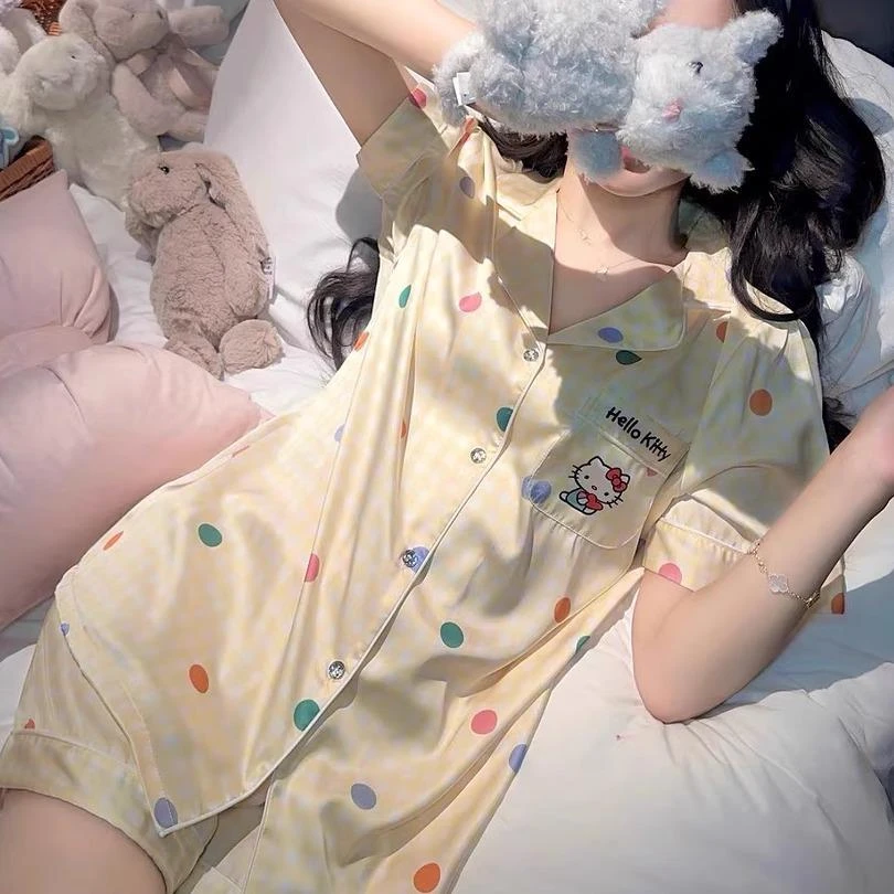 gpsunlu薄款睡衣女夏季缎面冰丝睡衣可爱少女风家居服两件套装