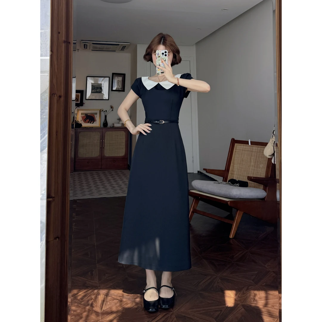 蕾英俊-微风情书-夏季法式复古赫本风精致气质收腰撞色长裙JF6258