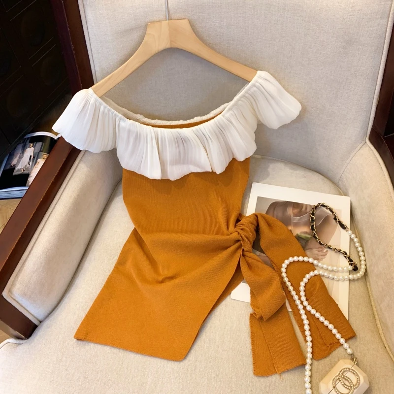 2025新款～一字肩性感短袖针织T恤女夏季修身褶皱不规则辣妹短款