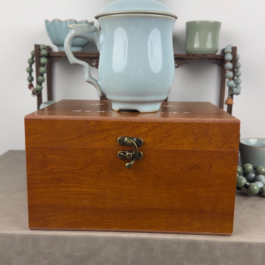 瓷片汝瓷龙头杯天青色礼盒装