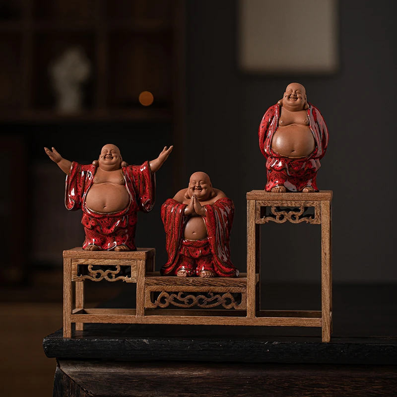 新中式禅意大肚弥勒紫砂茶宠摆件创意家居客厅茶桌茶台陶瓷装饰品