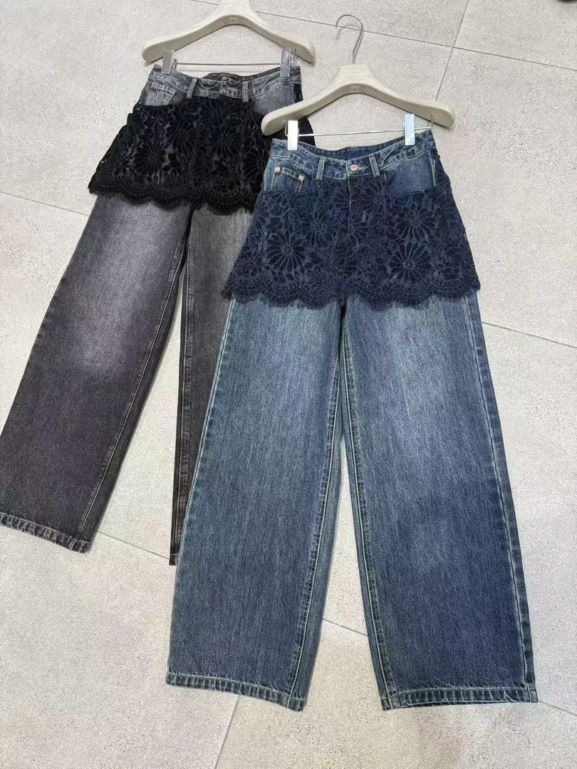 深圳南油高货2025秋季新款欧货女装高腰皮帘显瘦直筒阔腿牛仔裤女