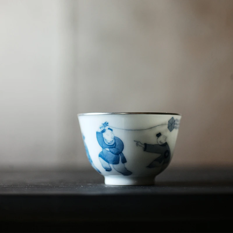 弥云斋陶瓷主人杯 手绘青花童趣包银茶杯 复古茶具 景德镇茶器