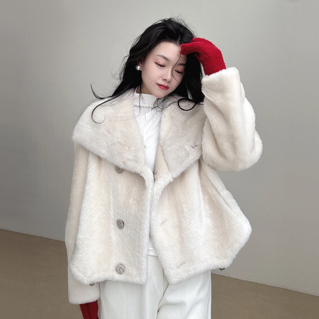 小白貂水貂毛领加羊皮毛一体洛曼女外套真皮毛皮草2025年冬季新款