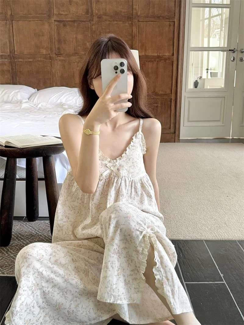 甜美可爱蝴蝶结花边纯棉布碎花带胸垫吊带套装夏天短裤长裤家居服