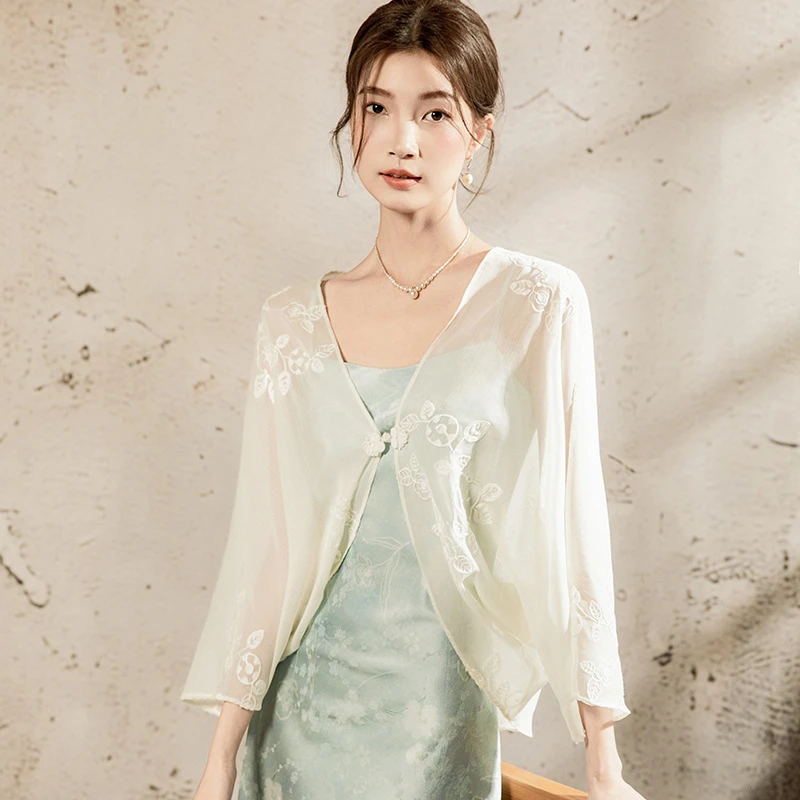 千金清冷感贵系外搭衣服长袖蕾丝中国风薄纱开衫上衣韩版复古外套