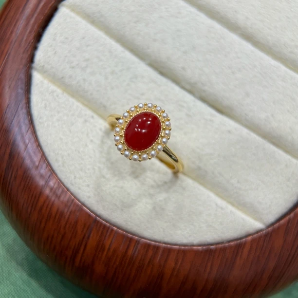 天然红珊瑚精品阿卡925银戒指