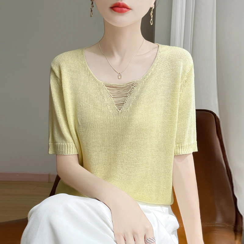 夏季新款V领冰丝亚麻针织短袖T恤女宽松镂空显瘦体恤打底纯色上衣