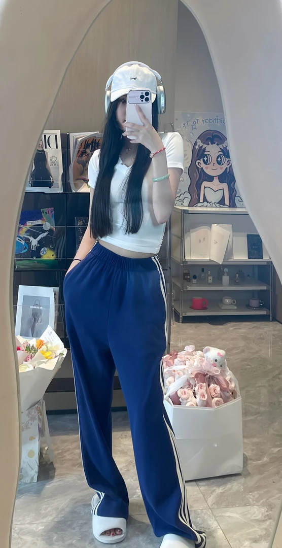 TANGYUAN 时尚白条纹拼接韩版设计感休闲运动直筒长裤女