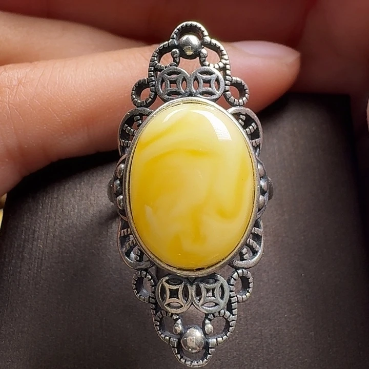 蜜蜡银S925镶嵌戒指戒指