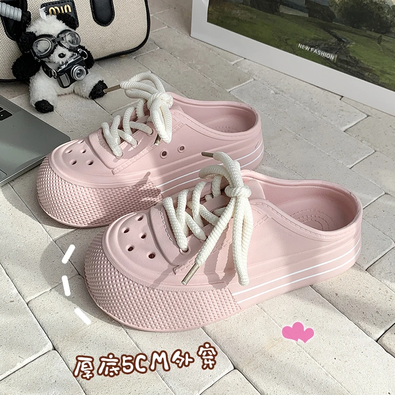 来两双 学生甜酷系带洞洞鞋女生夏踩屎感厚底百搭外穿包头半拖鞋