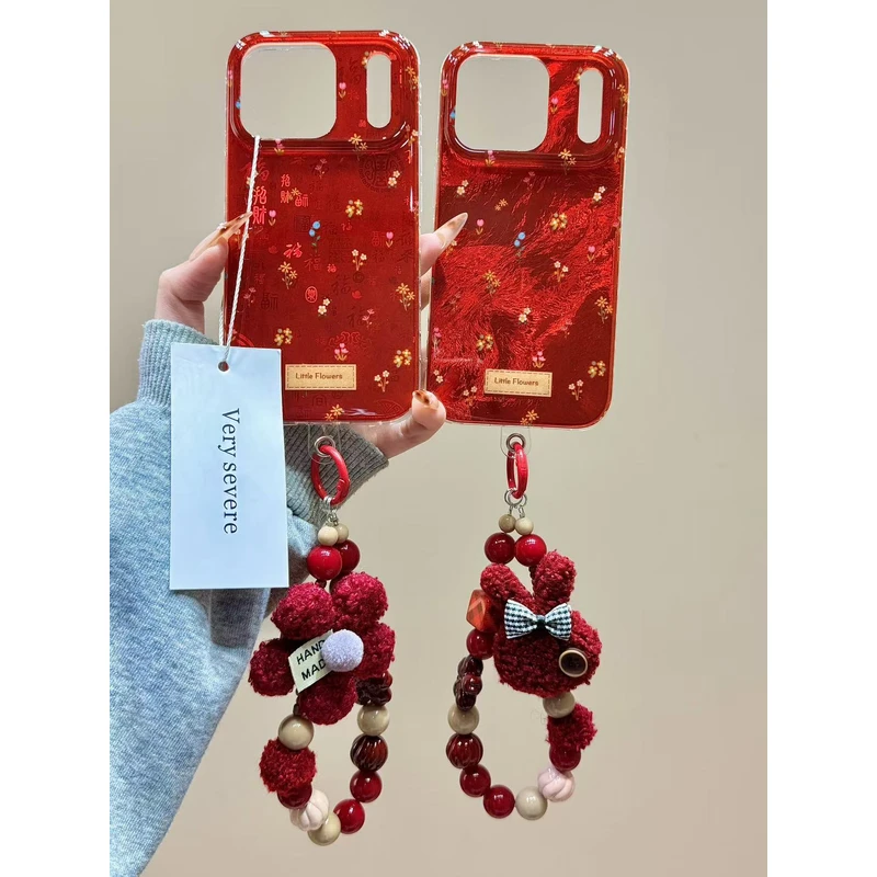 新年红色百福图碎花手拎珠链适用苹果17promax手机壳15iphone16