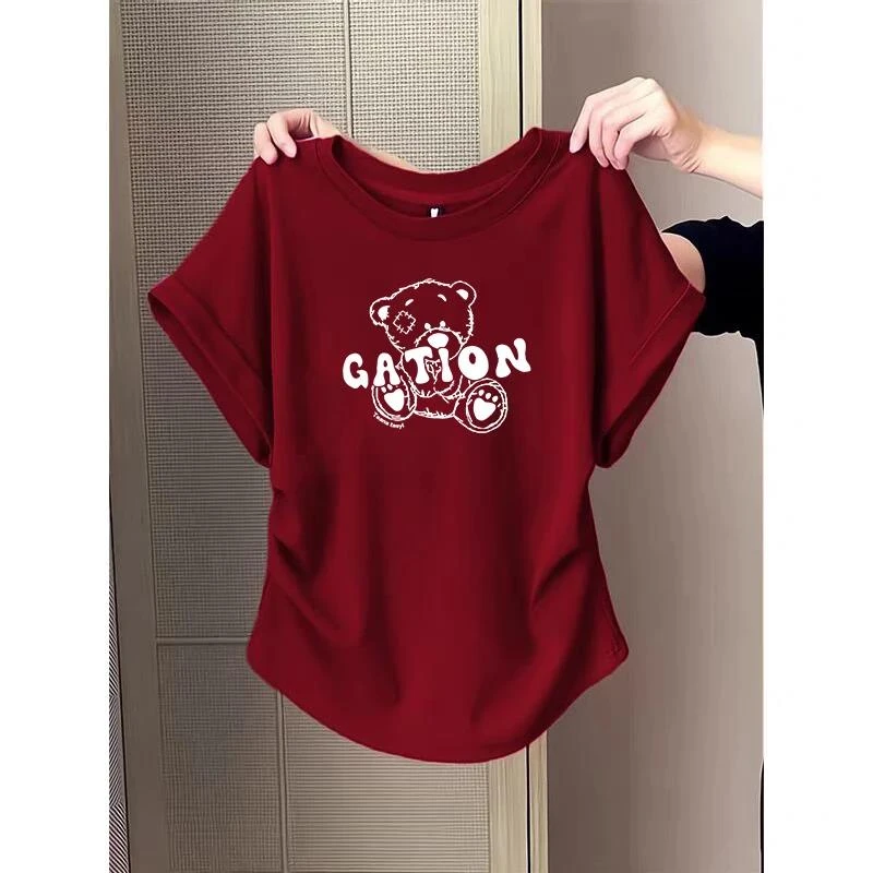 艾格大码胖mm纯欲风辣妹修身显瘦短袖T恤女士夏季设计感圆弧