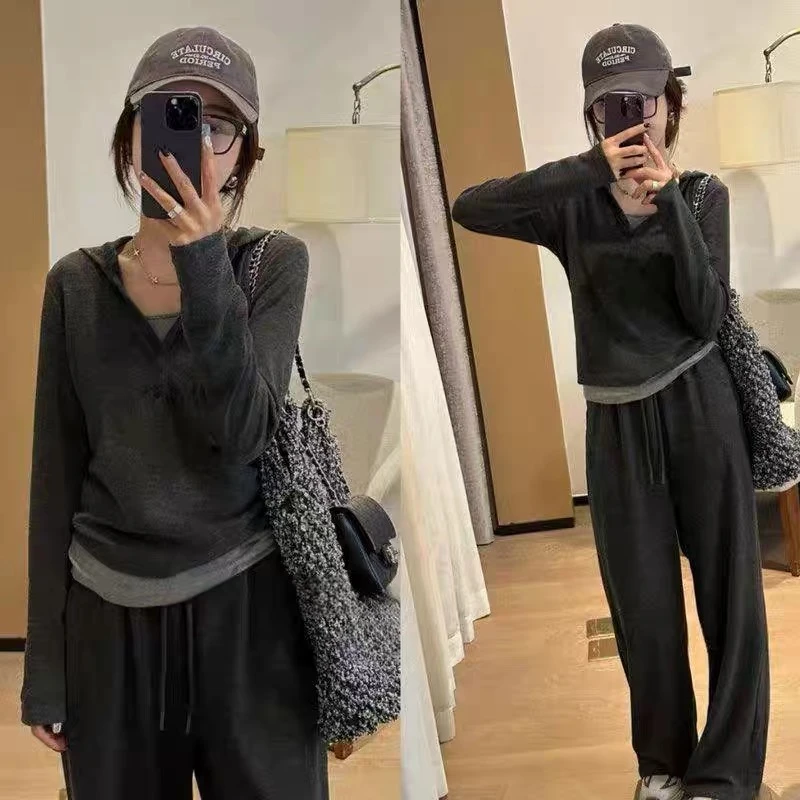 (XI ZI女装）休闲时尚连帽运动阔腿裤+上衣+打底三件套#6312