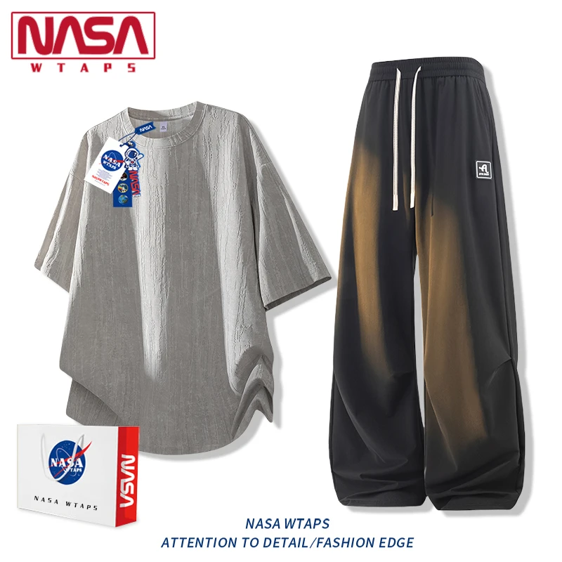 NASA WTAPS冰丝速干短袖t恤套装男款夏季薄款穿搭直筒长裤两件套