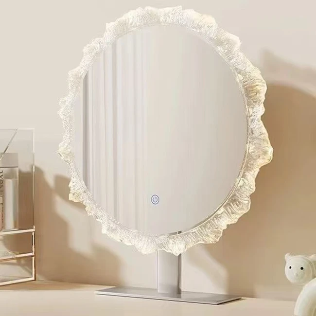 化妆镜桌面台式镜子学生宿舍水晶花朵造型镜子家用梳妆镜带灯