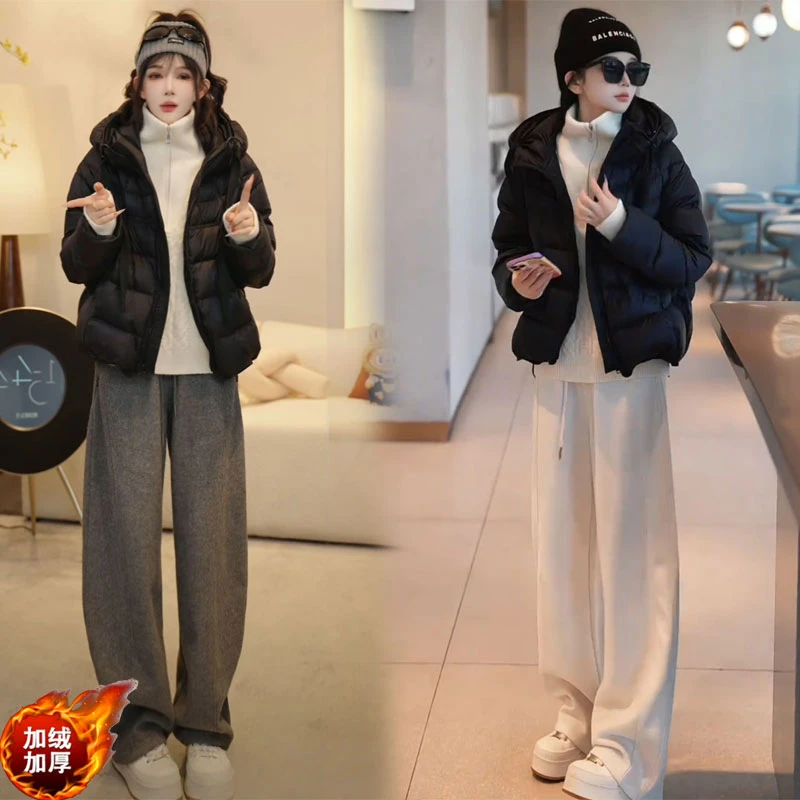 2025冬季防寒保暖宽松连帽棉服外套加绒加厚运动休闲裤子两件套装
