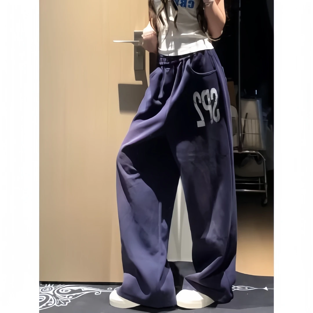 藏青色字母印花运动卫裤慵懒垂坠感阔腿裤X-01530