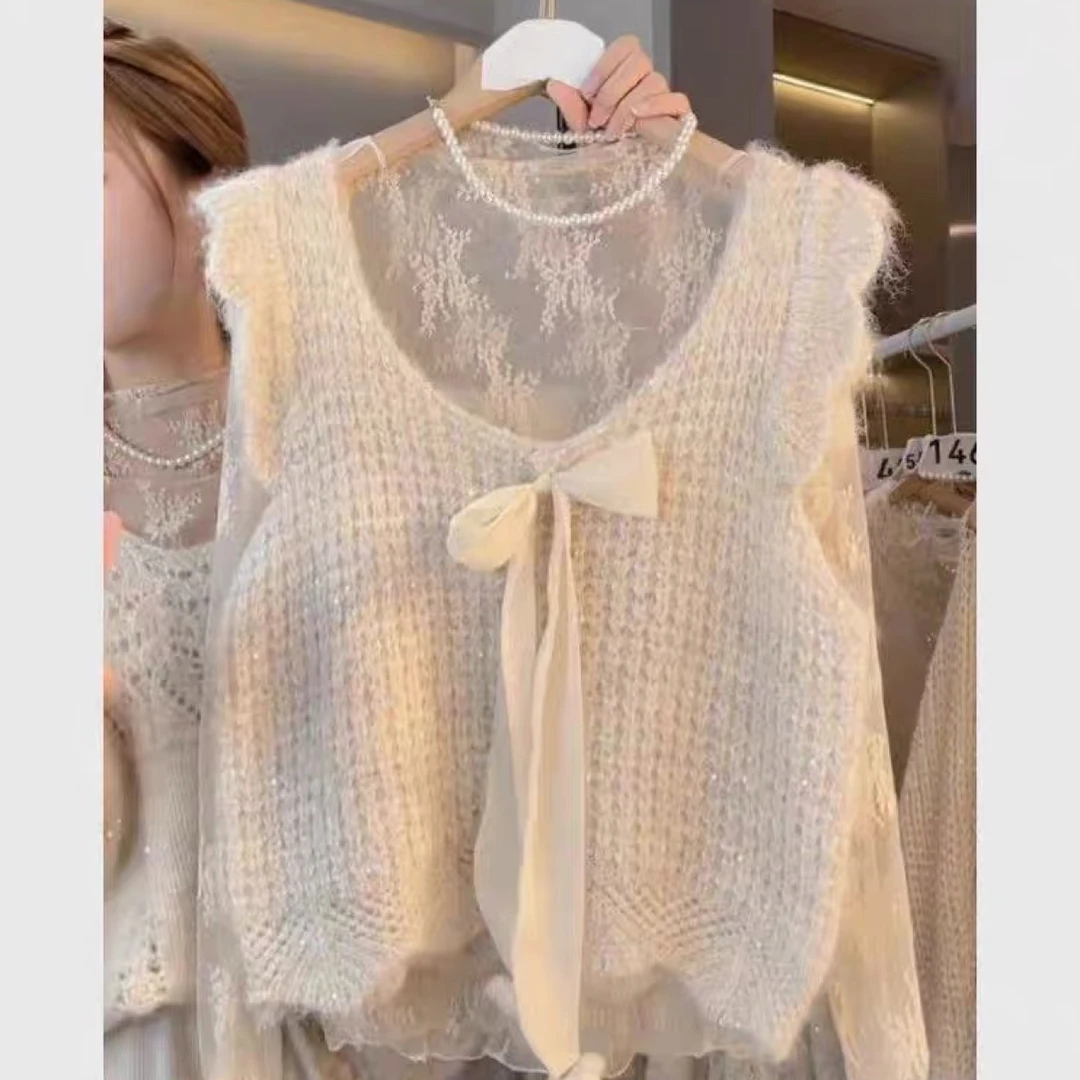 法式2025早秋温柔风背心时尚叠穿针织衫无袖纯色蝴蝶结上衣马甲女