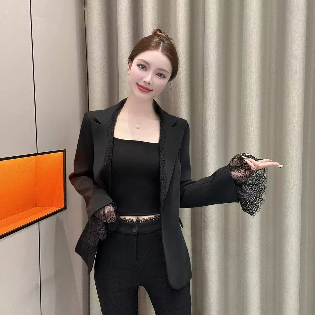 2025春季新款 蕾丝V领拼接西装外套时尚百搭显瘦修身洋气气质收腰