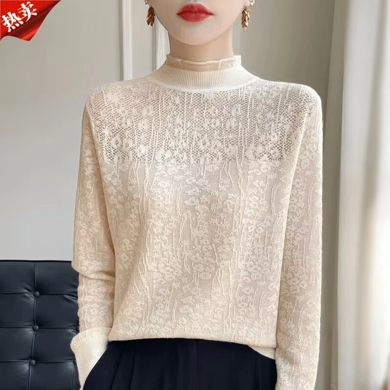 正品新款蕾丝镂空通勤百搭圆领针织衫时尚洋气打底衫女