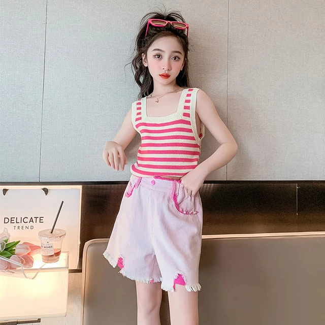 女童背心夏装2025新款儿童无袖t恤外穿夏季女孩大童条纹吊带上衣