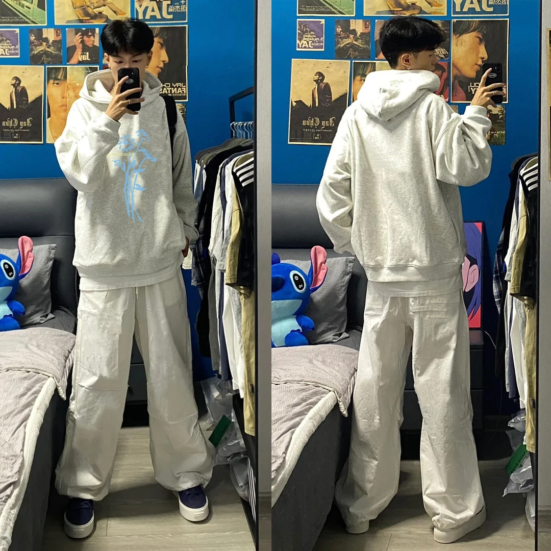 潮流秋冬季男女连帽美式向日葵无口袋卫衣印宽松休闲花卉情侣上衣