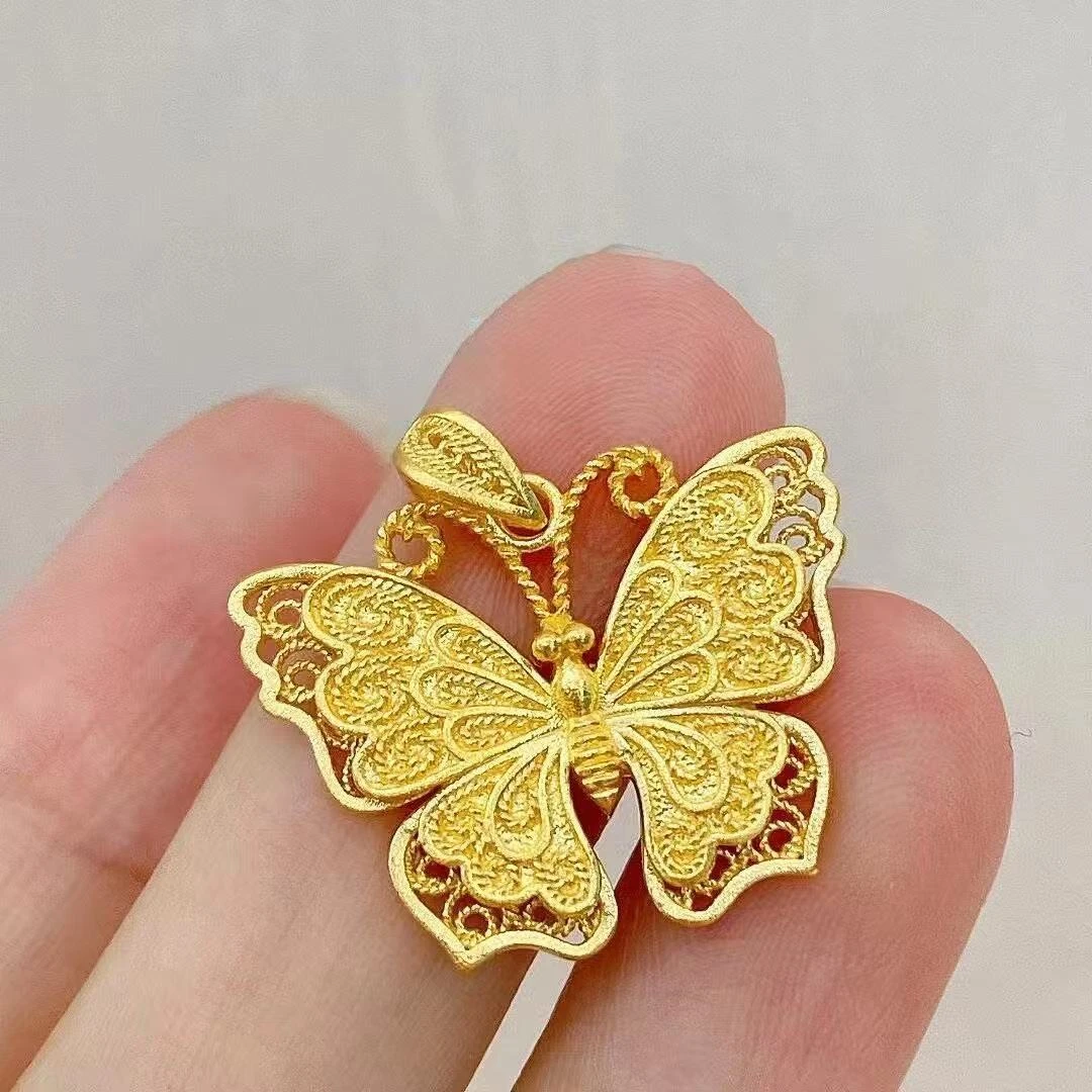 足金999真金古法金花丝蝴蝶吊坠