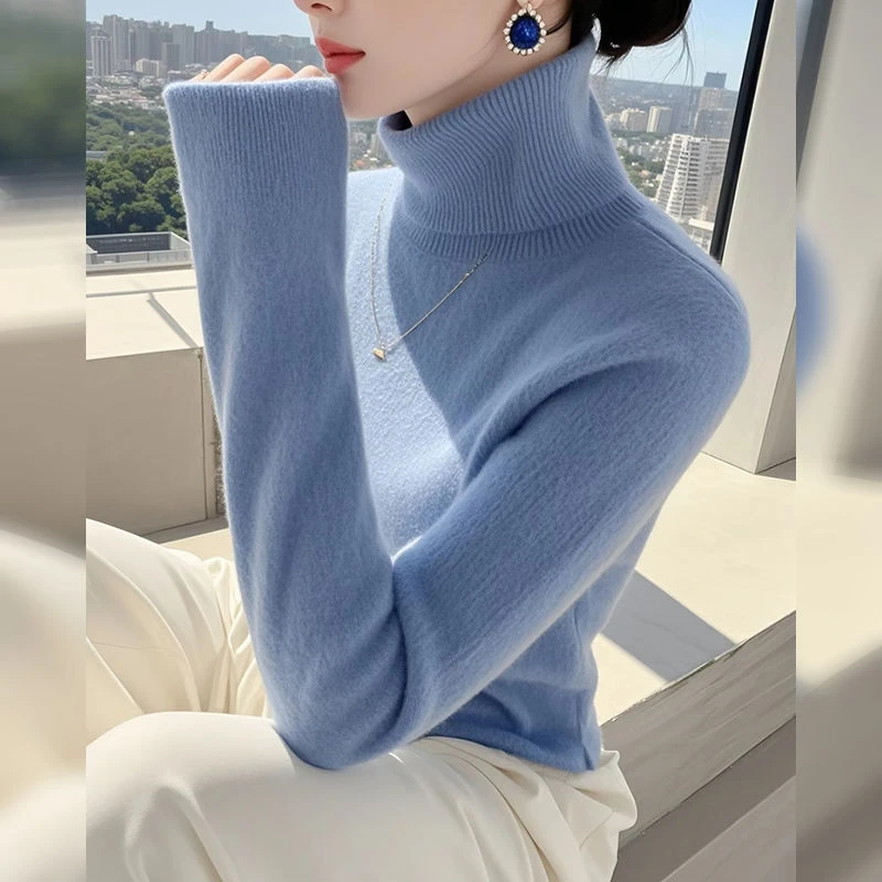 高级感蓝色高领软糯毛衣女2025秋冬新款修身显瘦内搭长袖针织上衣