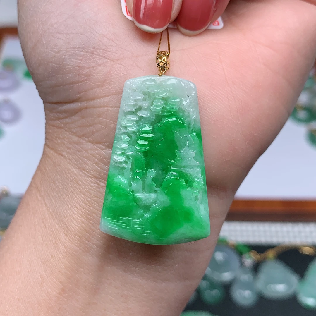 缅甸天然翡翠A货 冰润飘绿山水牌1421/110（尺寸36x23.8x5.1)