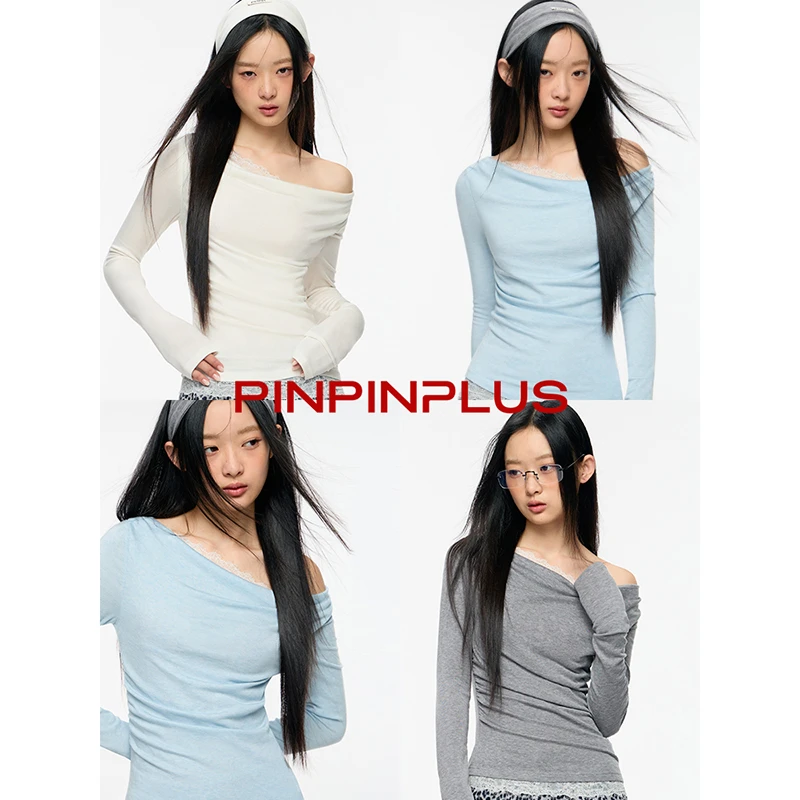 PINPINPLUS丨「灵动」绵羊毛拼接蕾丝荡领一字肩打底衫 8D80951ZP