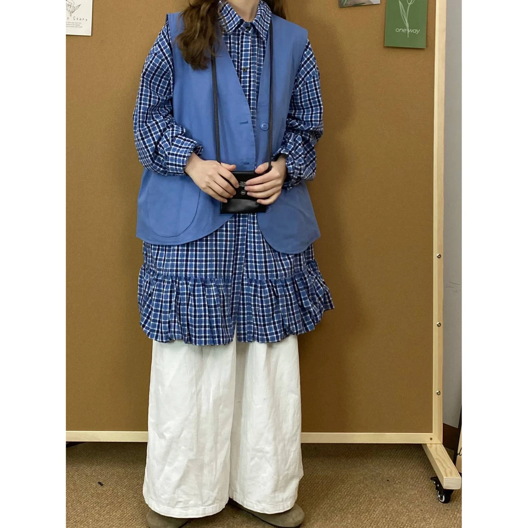 日系宽松中长款格纹花边下摆长袖衬衫