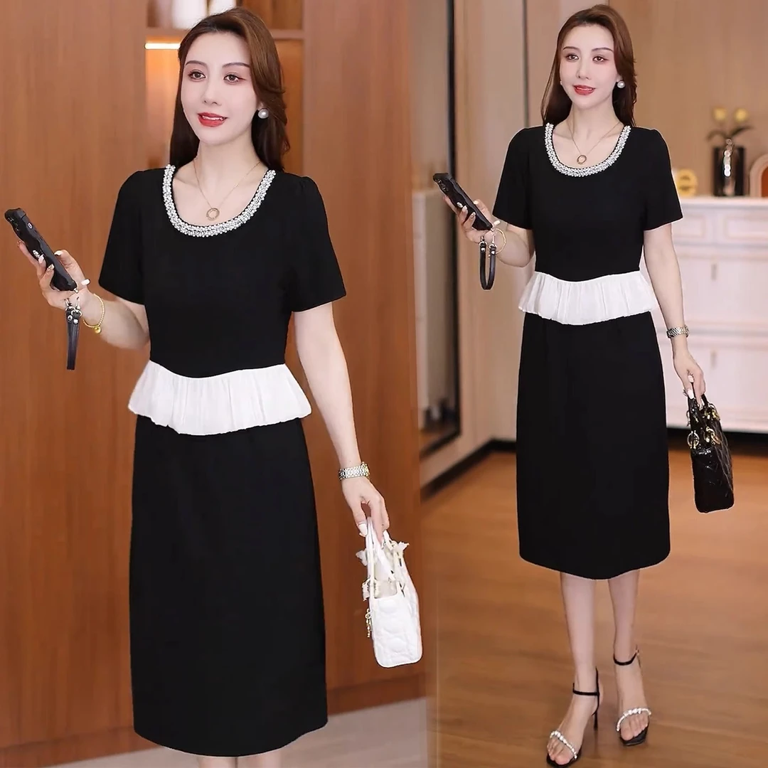 时尚连衣裙女2025夏季新款洋气荷花边假两件设计中长款气质裙子潮