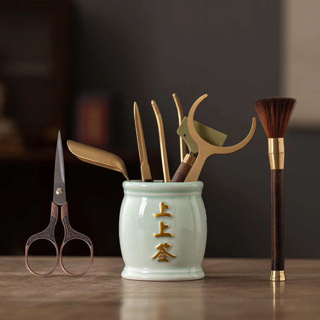 创意上上签茶道六君子套装黄铜黑檀木茶具配件陶瓷茶筒泡茶工具